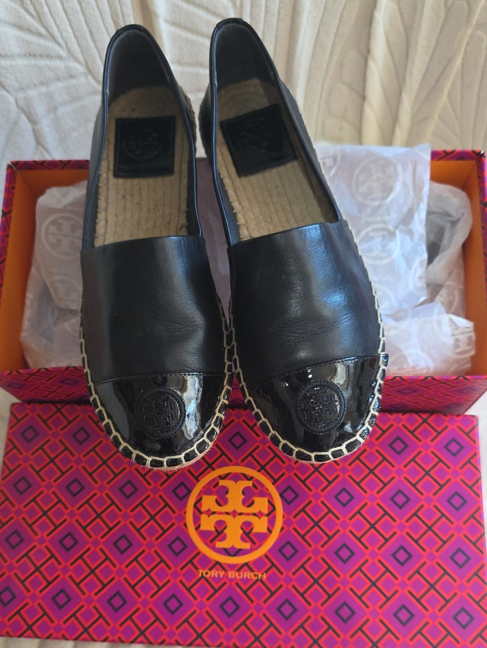 Tory Burch Black Leather Espadrille Flats